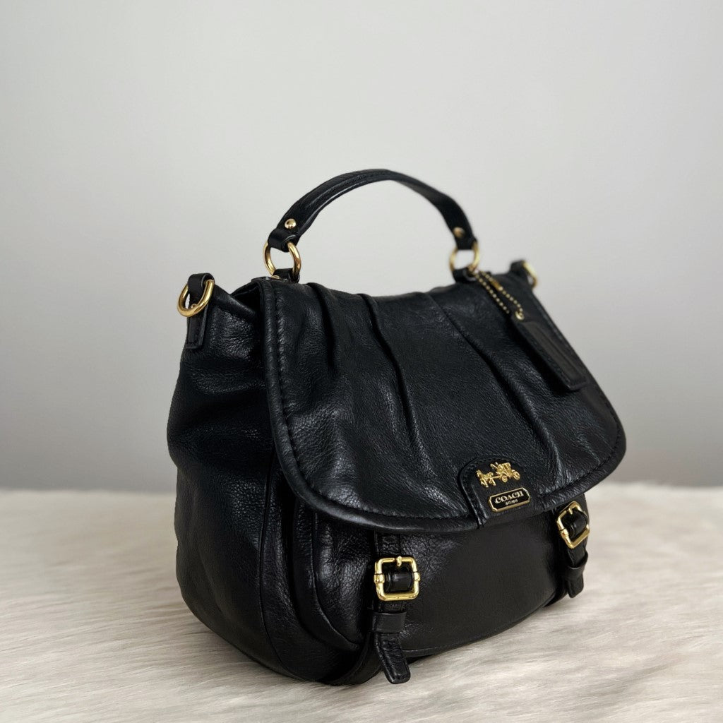 Coach Black Leather Flap Buckle 2 Way Shoulder Bag