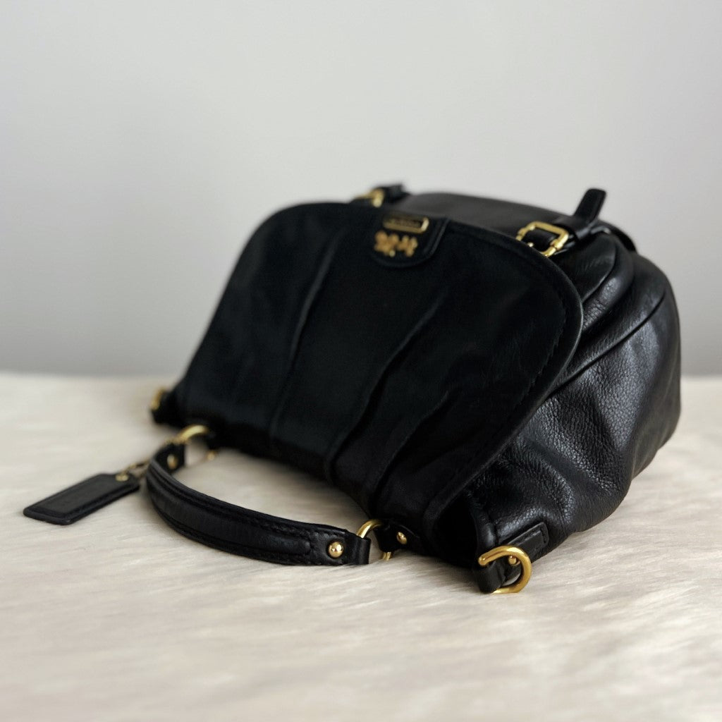 Coach Black Leather Flap Buckle 2 Way Shoulder Bag