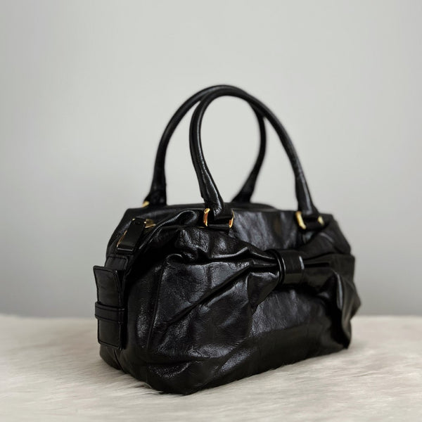 Valentino Black Leather Signature Rose Boston Tote Bag