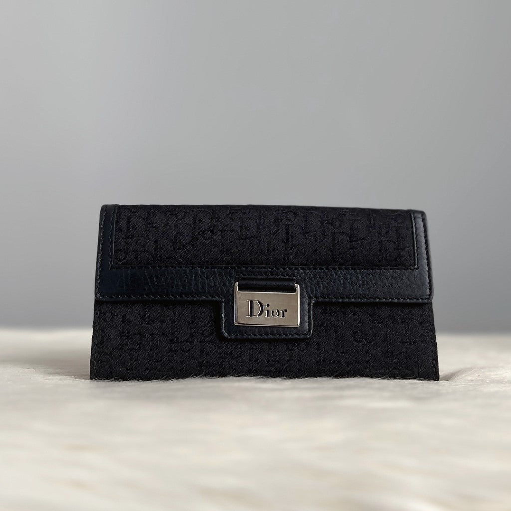 Christian Dior Black Signature Monogram Coin Compartment Long Wallet Excellent