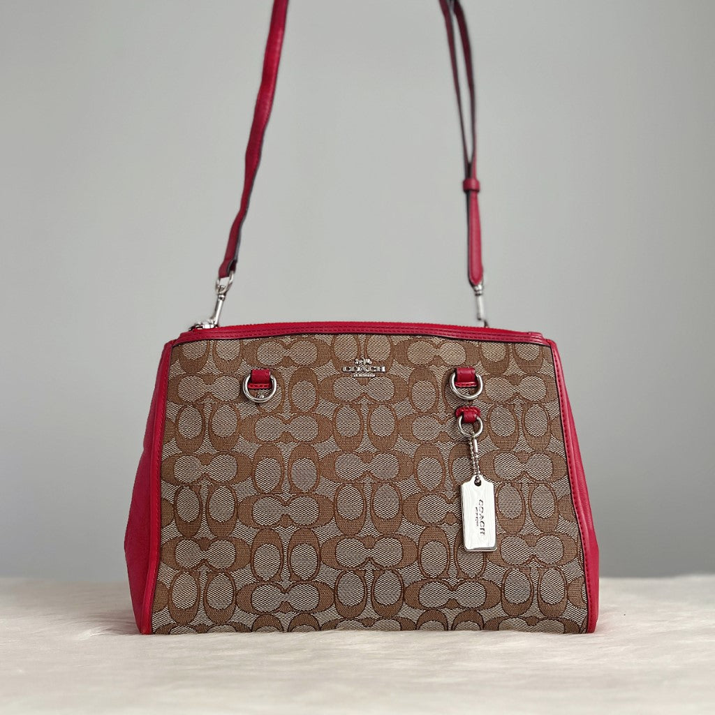 Coach Red Leather Trim Monogram Crossbody Shoulder Bag