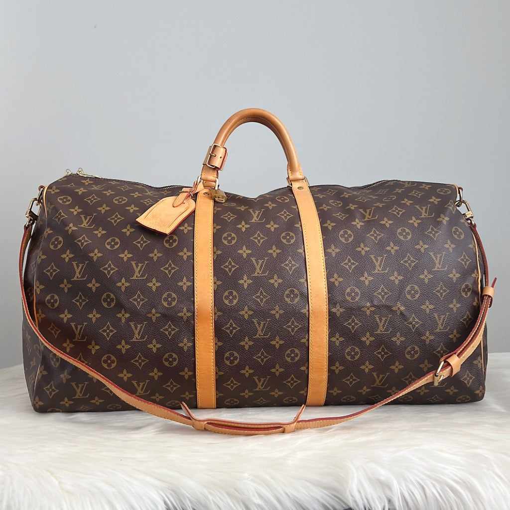 Louis Vuitton Signature Monogram Bandouliere Keepall 60 Travel Bag Full Set