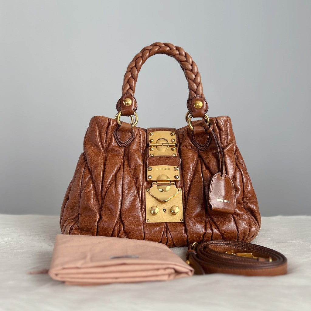 Miu Miu Caramel Leather Nappa Buckle 2 Way Shoulder Bag