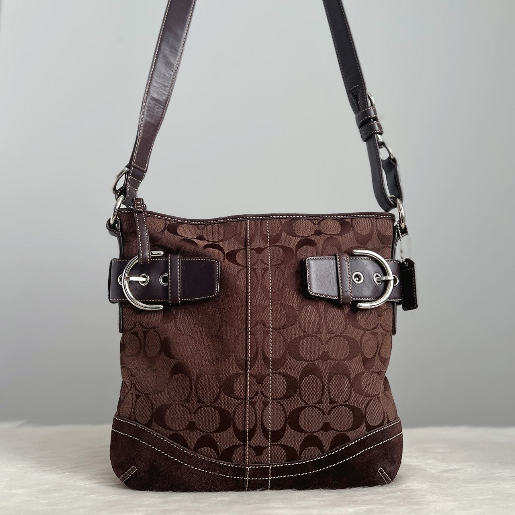 Coach Dark Chocolate Signature Monogram Double Buckle Crossbody Shoulder Bag