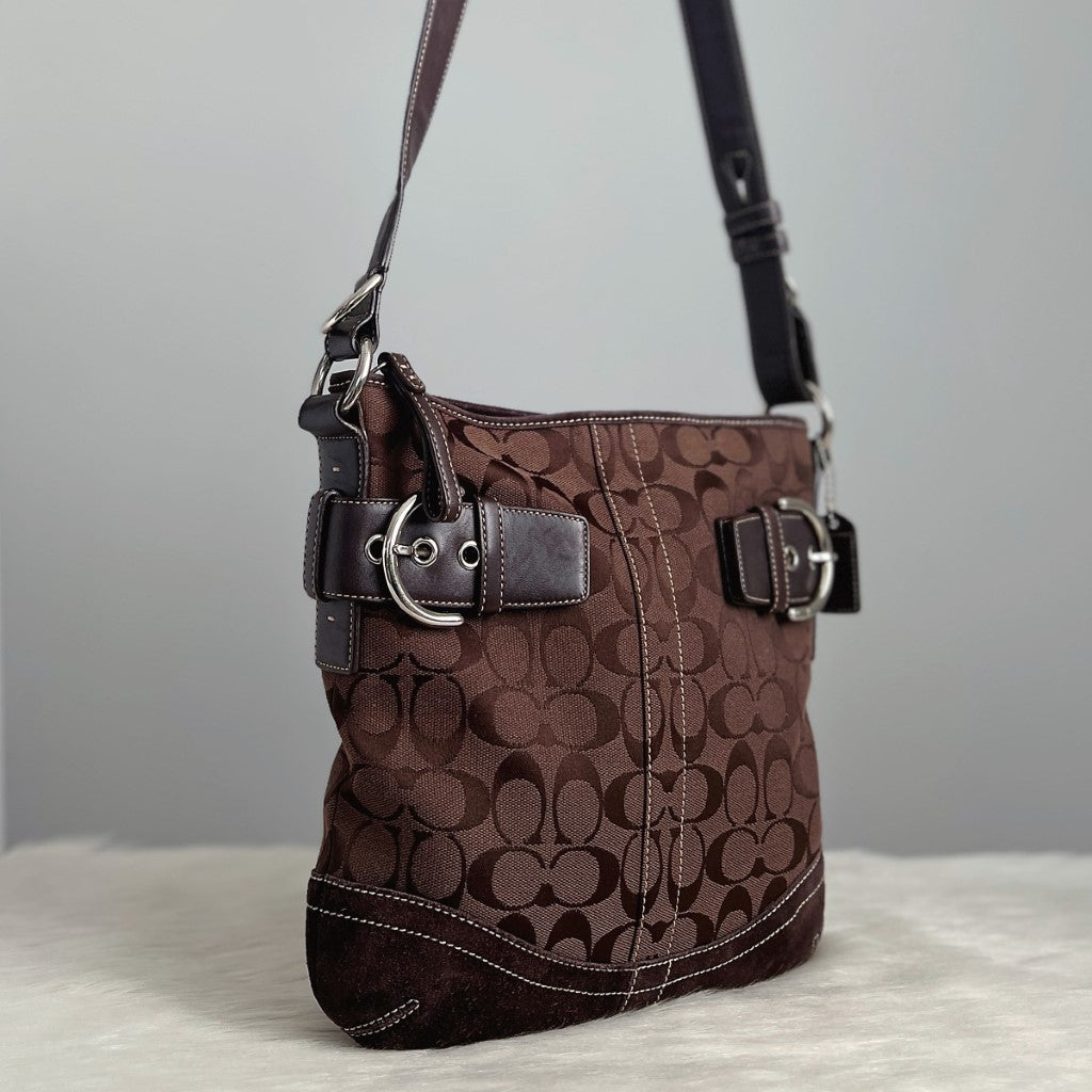 Coach Dark Chocolate Signature Monogram Double Buckle Crossbody Shoulder Bag