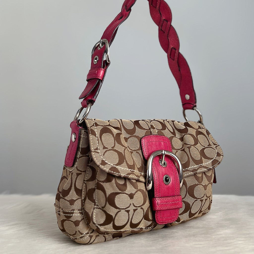 Coach Fuchsia Leather Buckle Monogram Flap Shoulder Bag