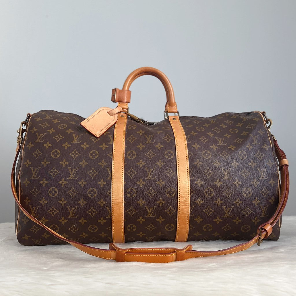 Louis Vuitton Signature Monogram Bandouliere Keepall 55 Travel Bag Full Set