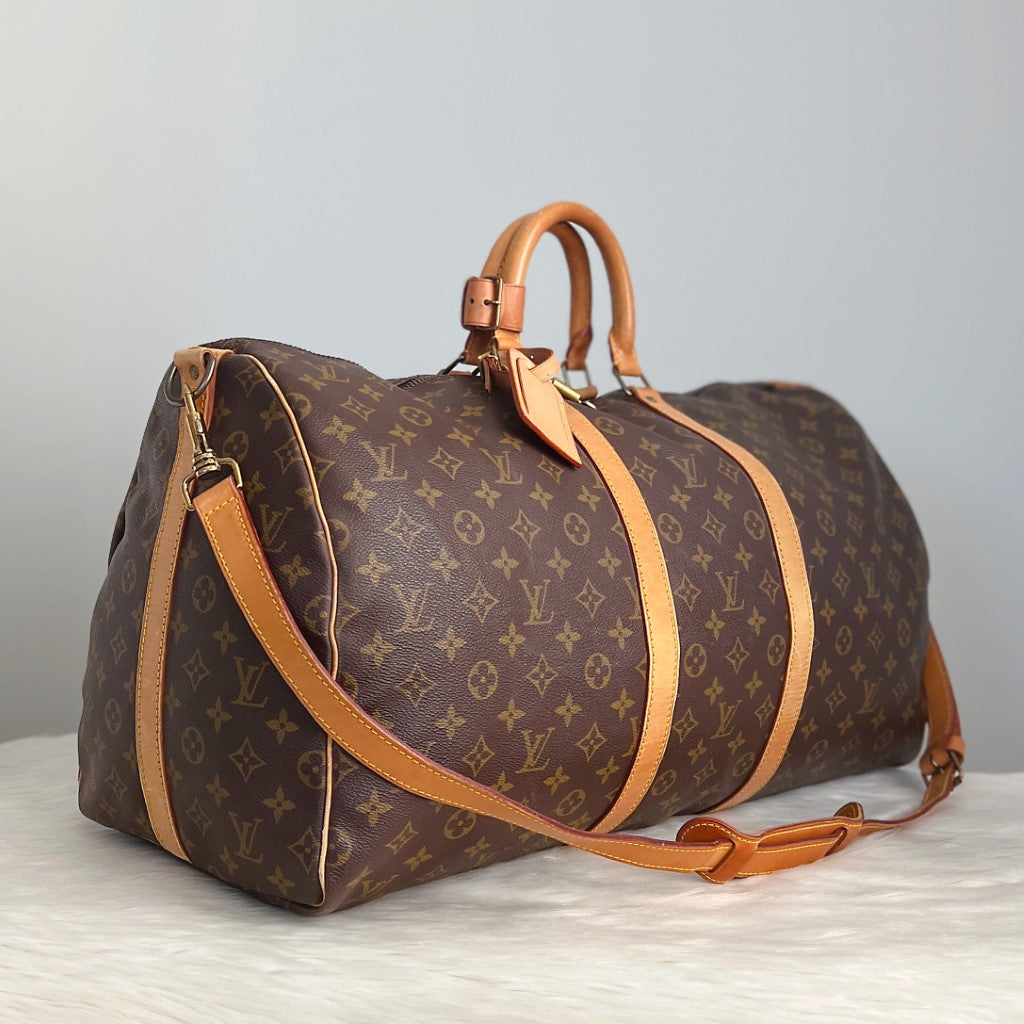 Louis Vuitton Signature Monogram Bandouliere Keepall 55 Travel Bag Full Set