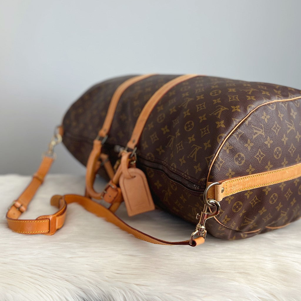 Louis Vuitton Signature Monogram Bandouliere Keepall 55 Travel Bag Full Set