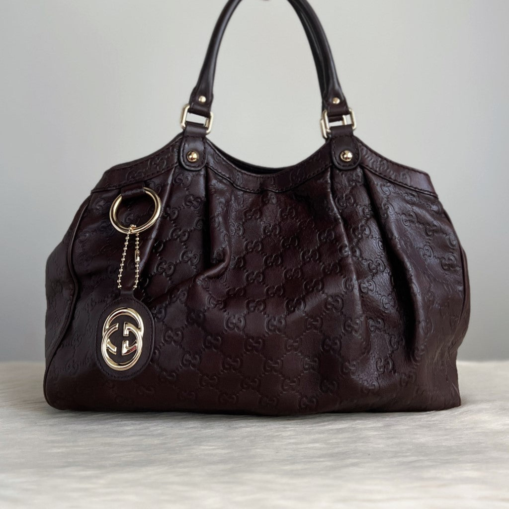 Gucci Signature Double G Dark Chocolate Leather Shoulder Bag