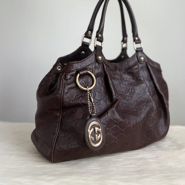 Gucci Signature Double G Dark Chocolate Leather Shoulder Bag