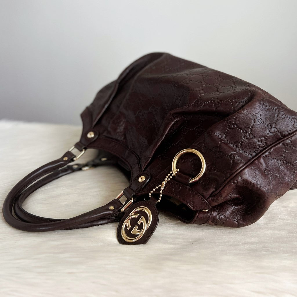 Gucci Signature Double G Dark Chocolate Leather Shoulder Bag