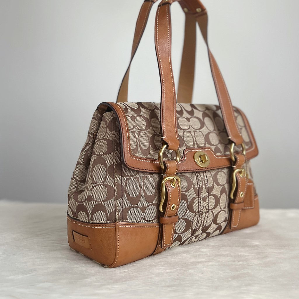 Coach Signature Monogram Double Buckle Flap Shoulder Bag