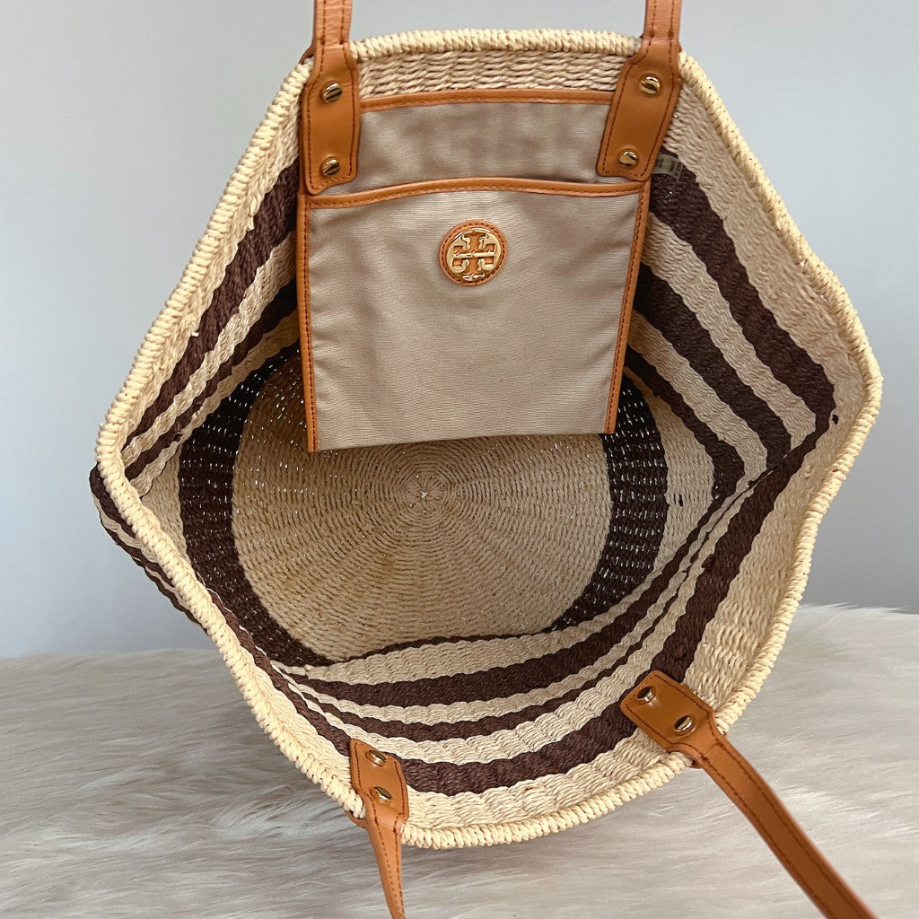 Tory Burch Caramel Leather Strap Straw Holiday Shoulder Bag