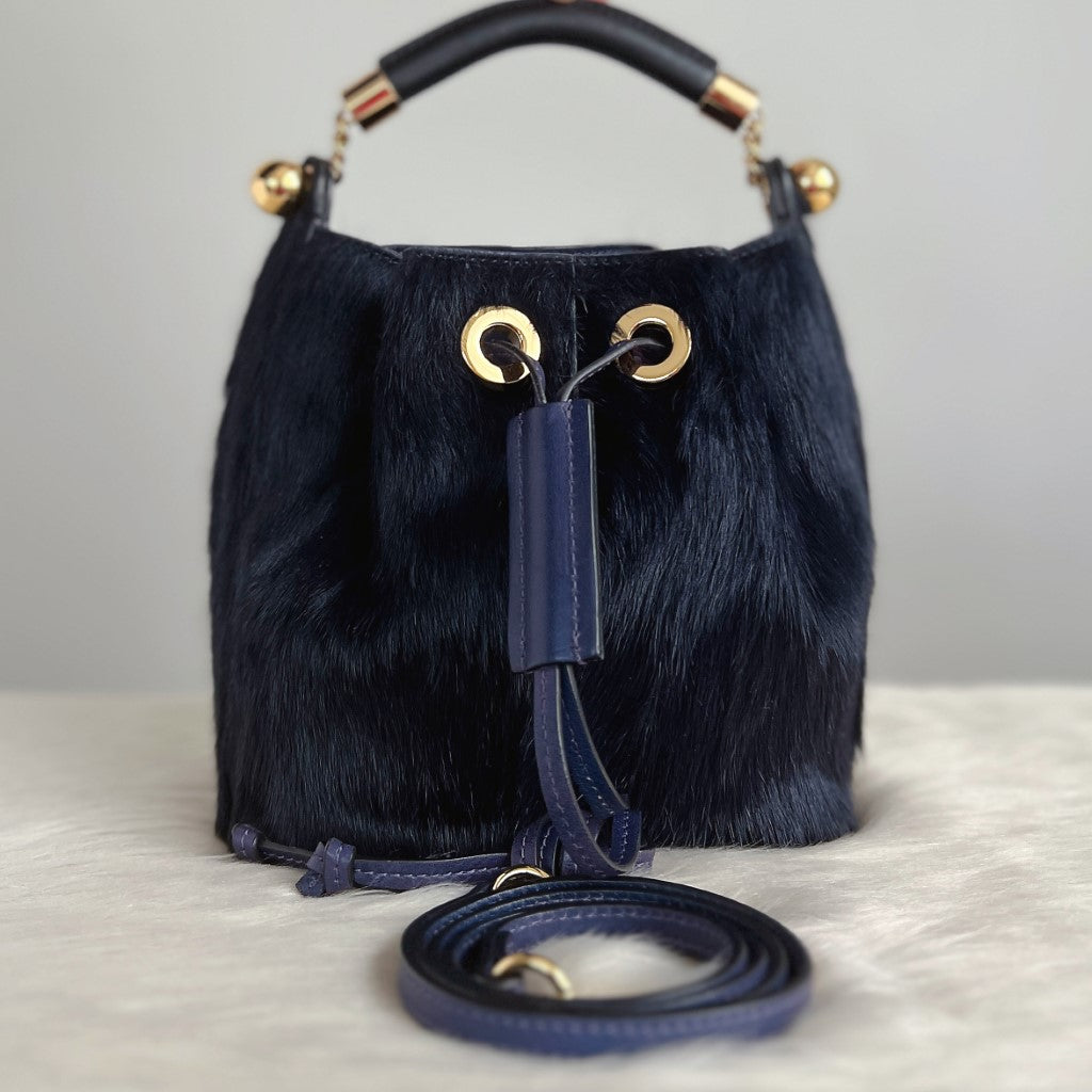 Chloe Navy Faux Fur Drawstring Small Bucket Shoulder Bag