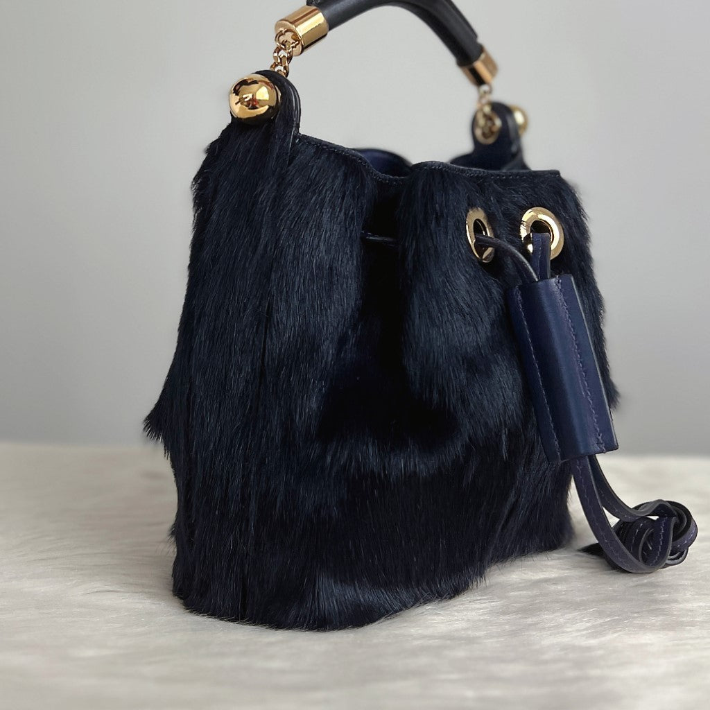 Chloe Navy Faux Fur Drawstring Small Bucket Shoulder Bag