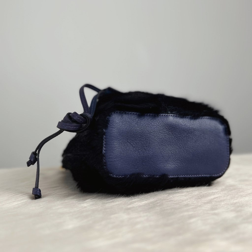 Chloe Navy Faux Fur Drawstring Small Bucket Shoulder Bag