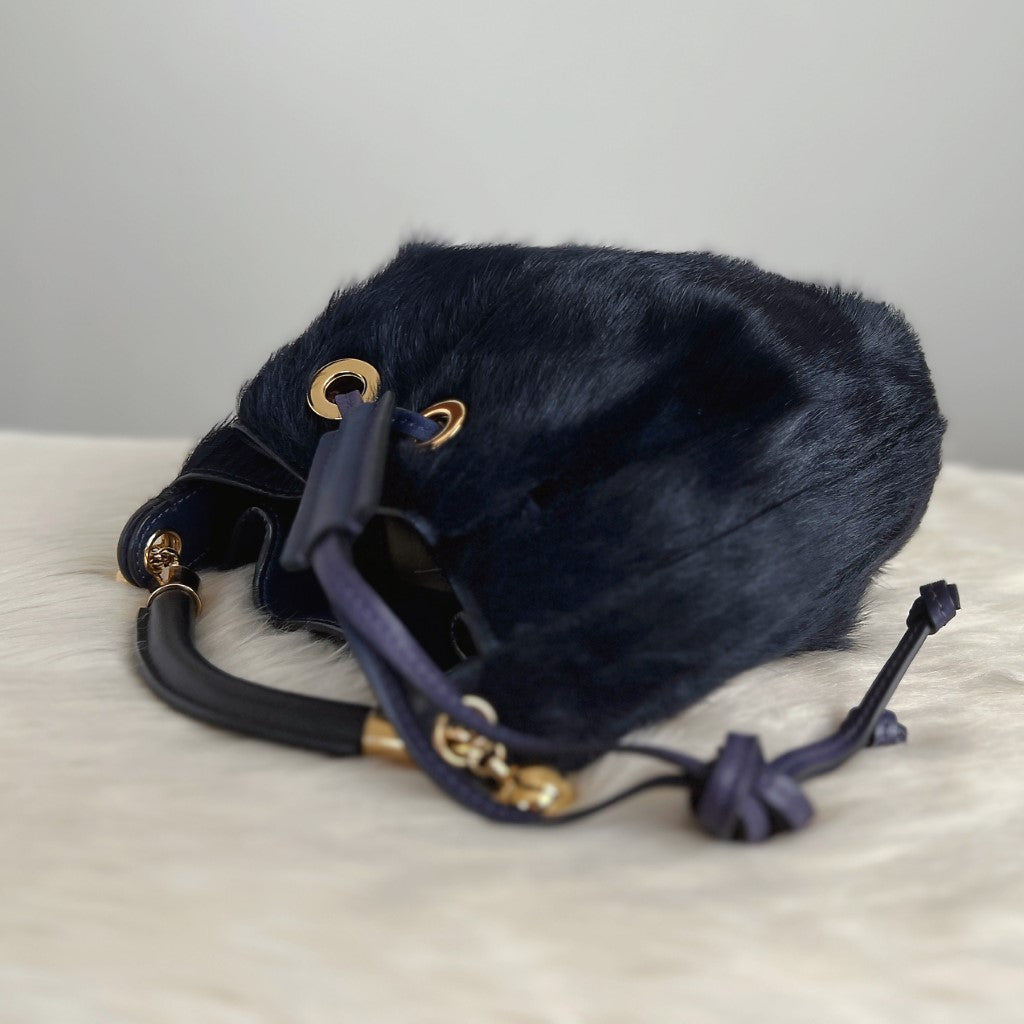 Chloe Navy Faux Fur Drawstring Small Bucket Shoulder Bag