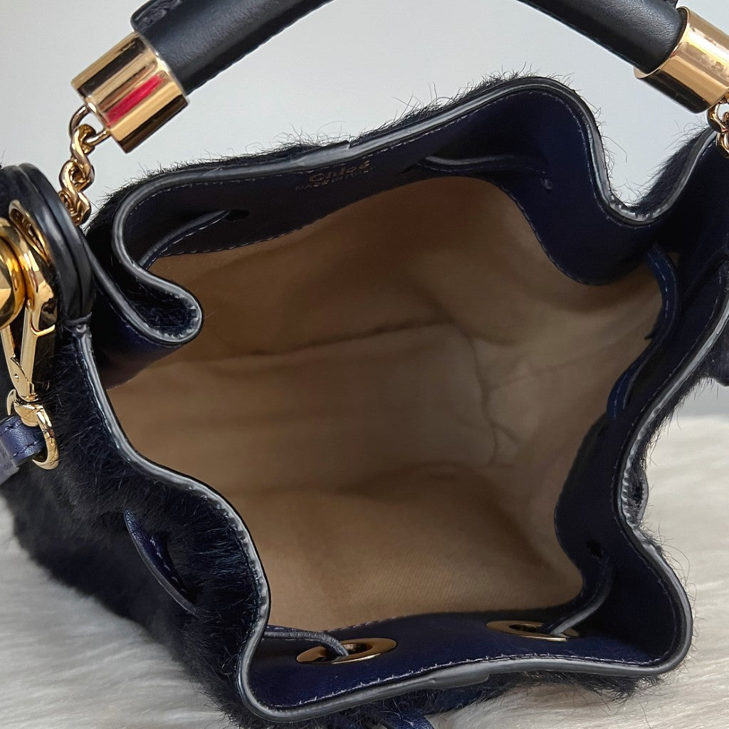 Chloe Navy Faux Fur Drawstring Small Bucket Shoulder Bag