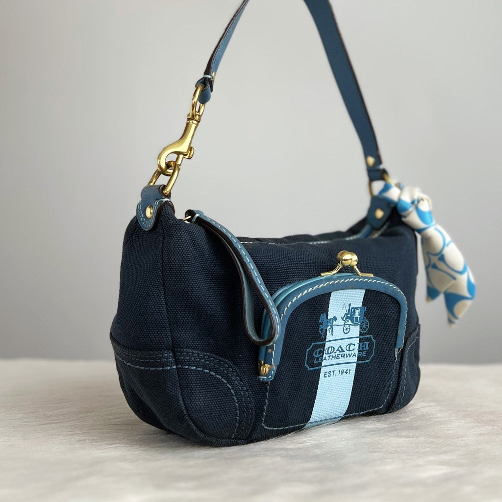 Coach Denim Stripe Detail Front Pocket Small Tote Bag