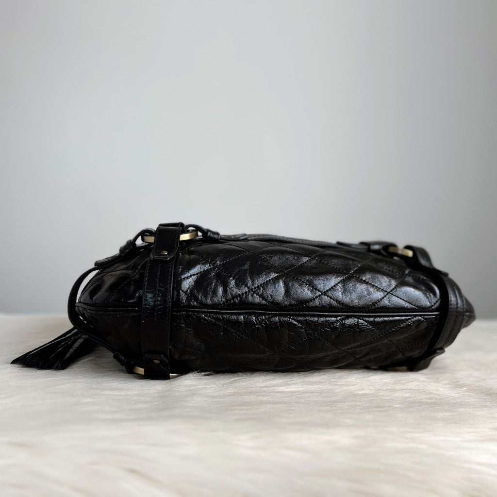 Bally Black Leather Quilted Tassel Charm Shoulder Bag