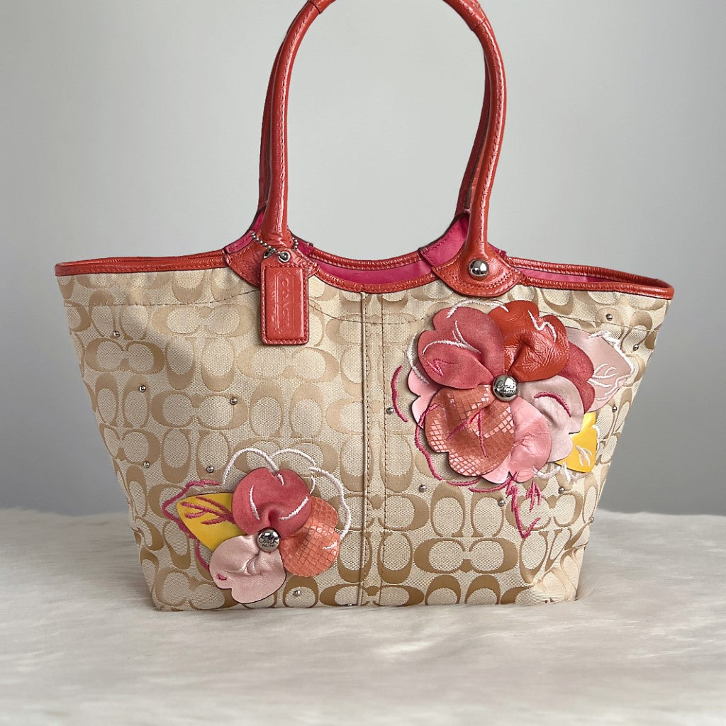 Coach Signature Monogram Floral Detail Shopper Shoulder Bag