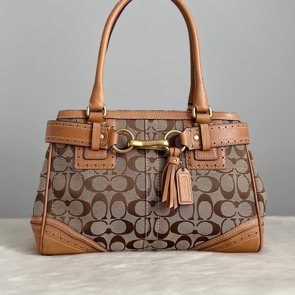 Coach Caramel Leather Monogram Tassel Detail Career Shoulder Bag