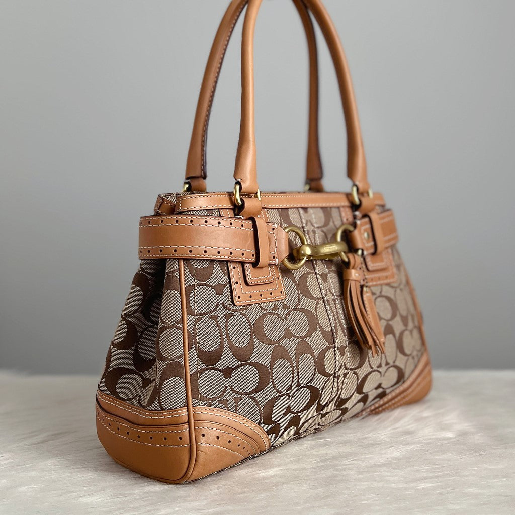 Coach Caramel Leather Monogram Tassel Detail Career Shoulder Bag