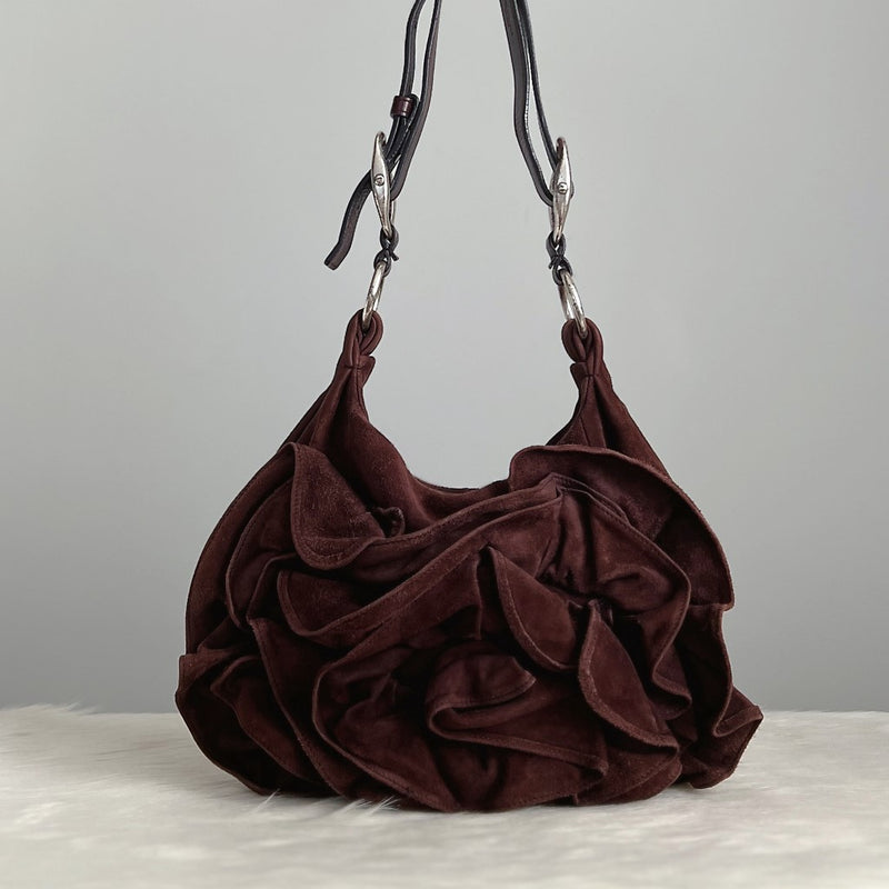 Yves Saint Laurent YSL Brown Suede Rose Shoulder Bag