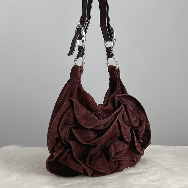 Yves Saint Laurent YSL Brown Suede Rose Shoulder Bag
