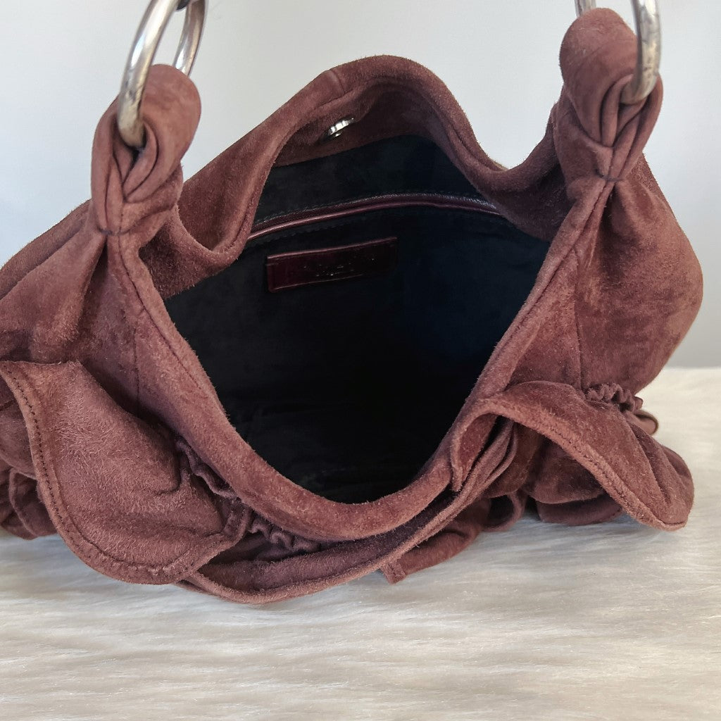 Yves Saint Laurent YSL Brown Suede Rose Shoulder Bag