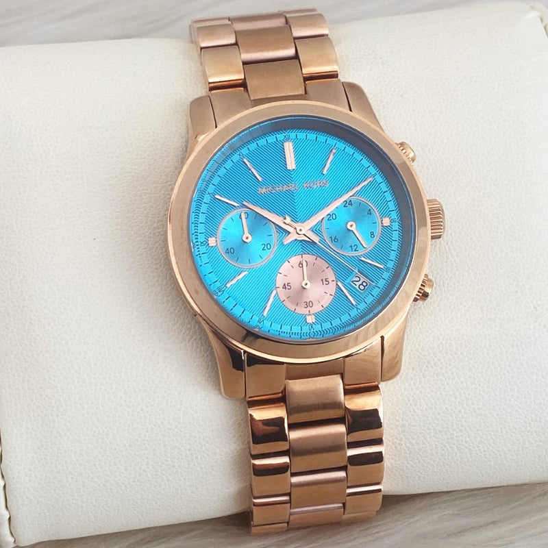 Michael Kors Rose Gold Runway Blue Dail Women's Wrist Watch