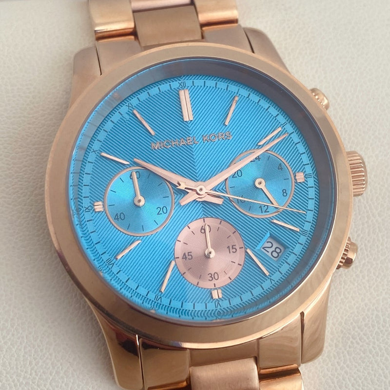 Michael Kors Rose Gold Runway Blue Dail Women's Wrist Watch