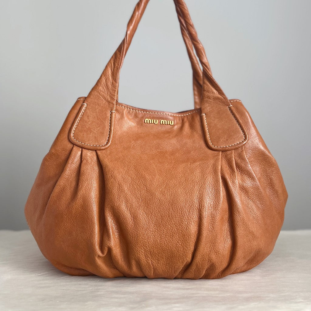 Miu Miu Caramel Leather Signature Vitello Large Shoulder Bag