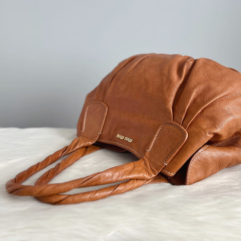 Miu Miu Caramel Leather Signature Vitello Large Shoulder Bag
