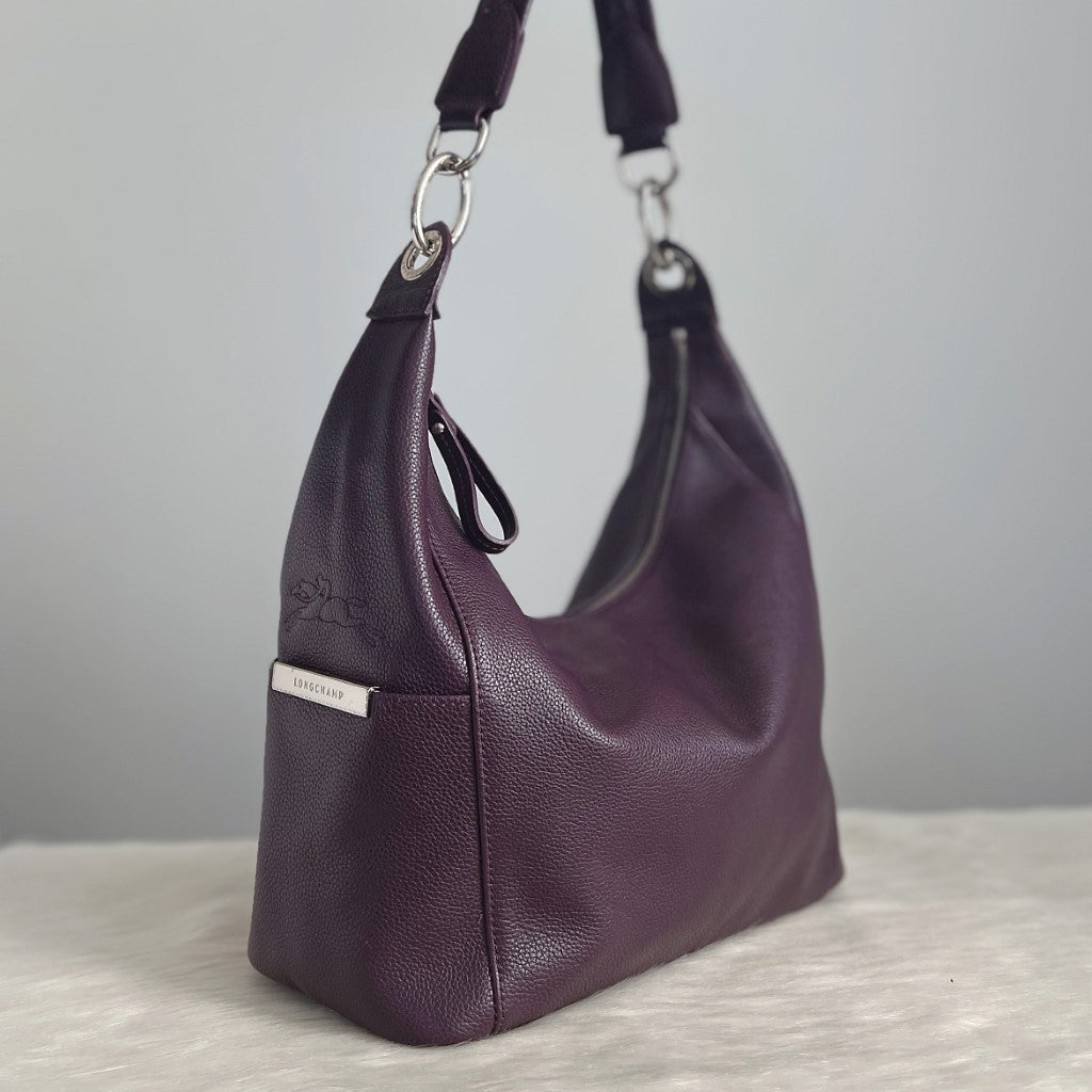 Longchamp Purple Leather Side Detail Career Shoulder Bag Excellent