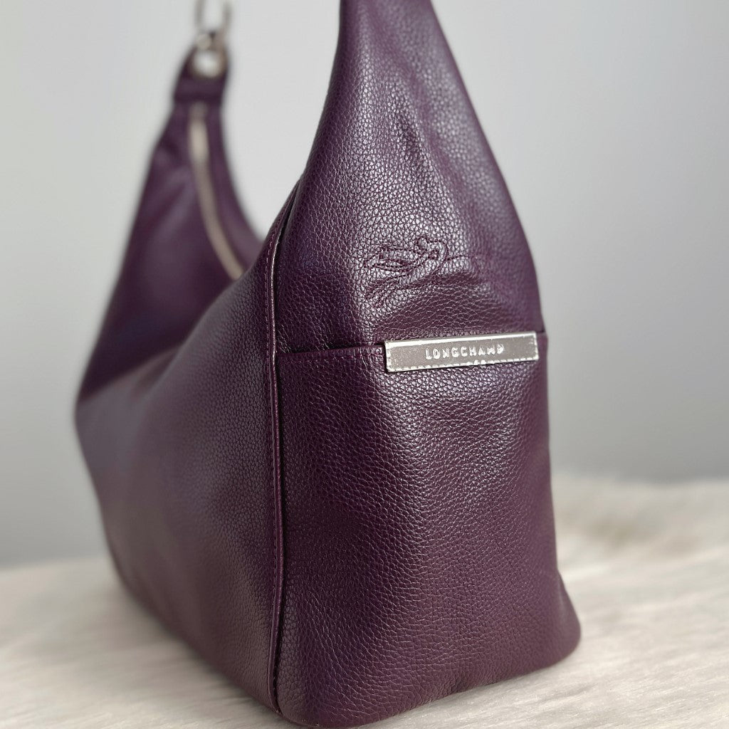 Longchamp Purple Leather Side Detail Career Shoulder Bag Excellent