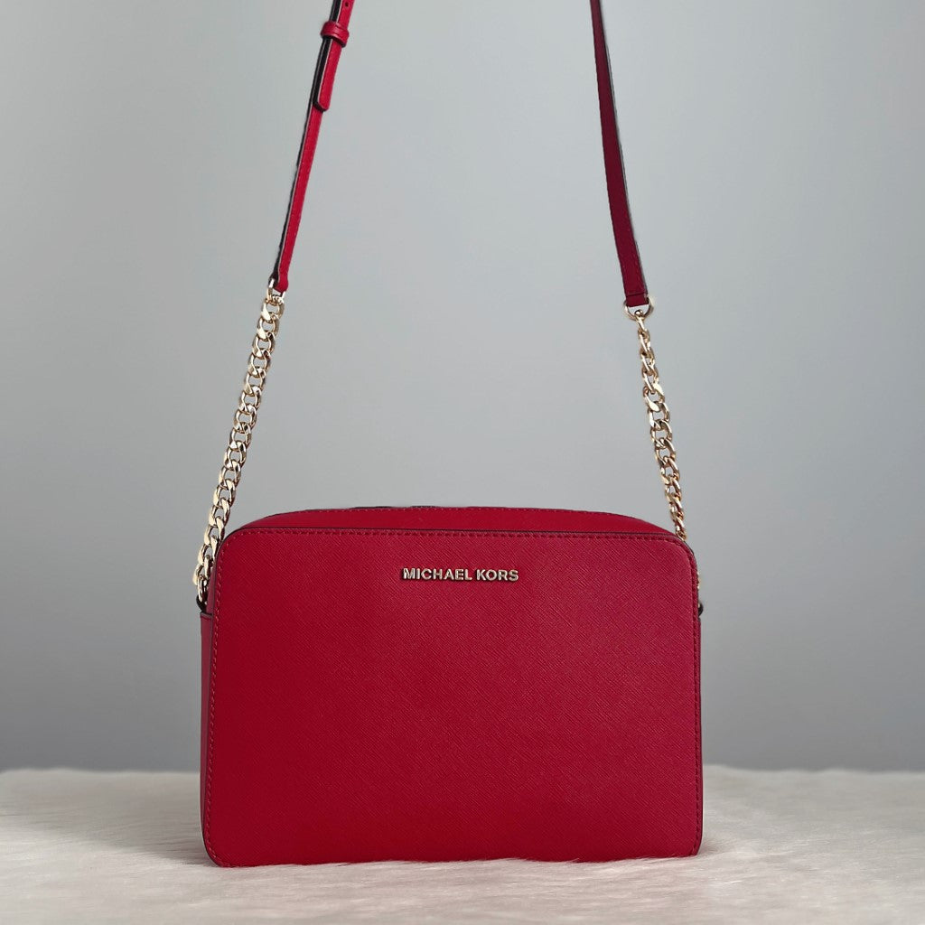 Michael Kors Red Leather Front Logo Crossbody Shoulder Bag Excellent