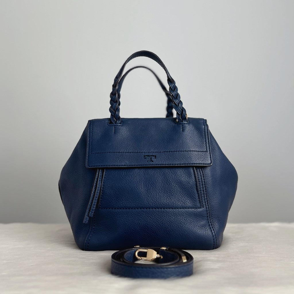 Tory Burch Navy Leather Pleated Strap 2 Way Shoulder Bag