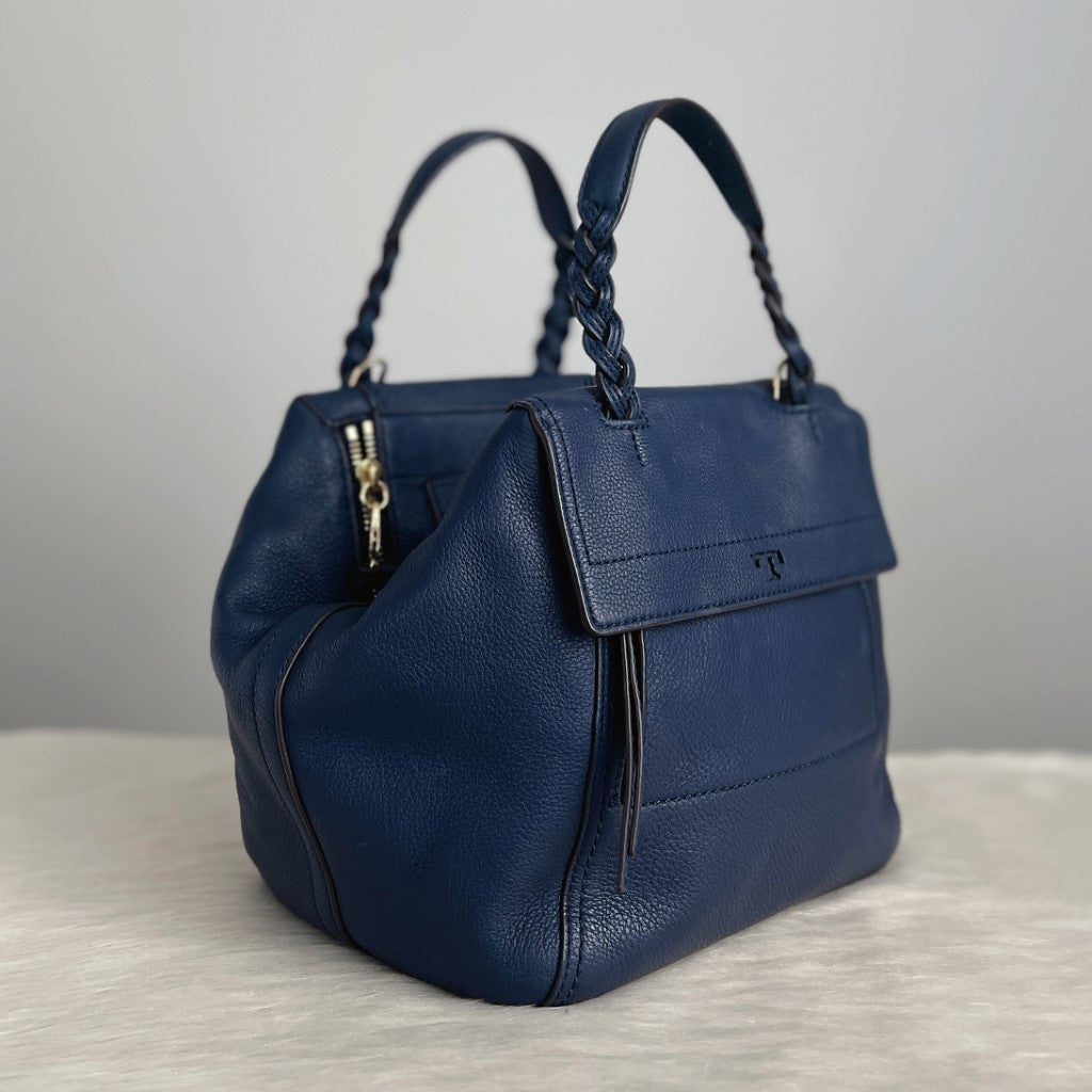 Tory Burch Navy Leather Pleated Strap 2 Way Shoulder Bag