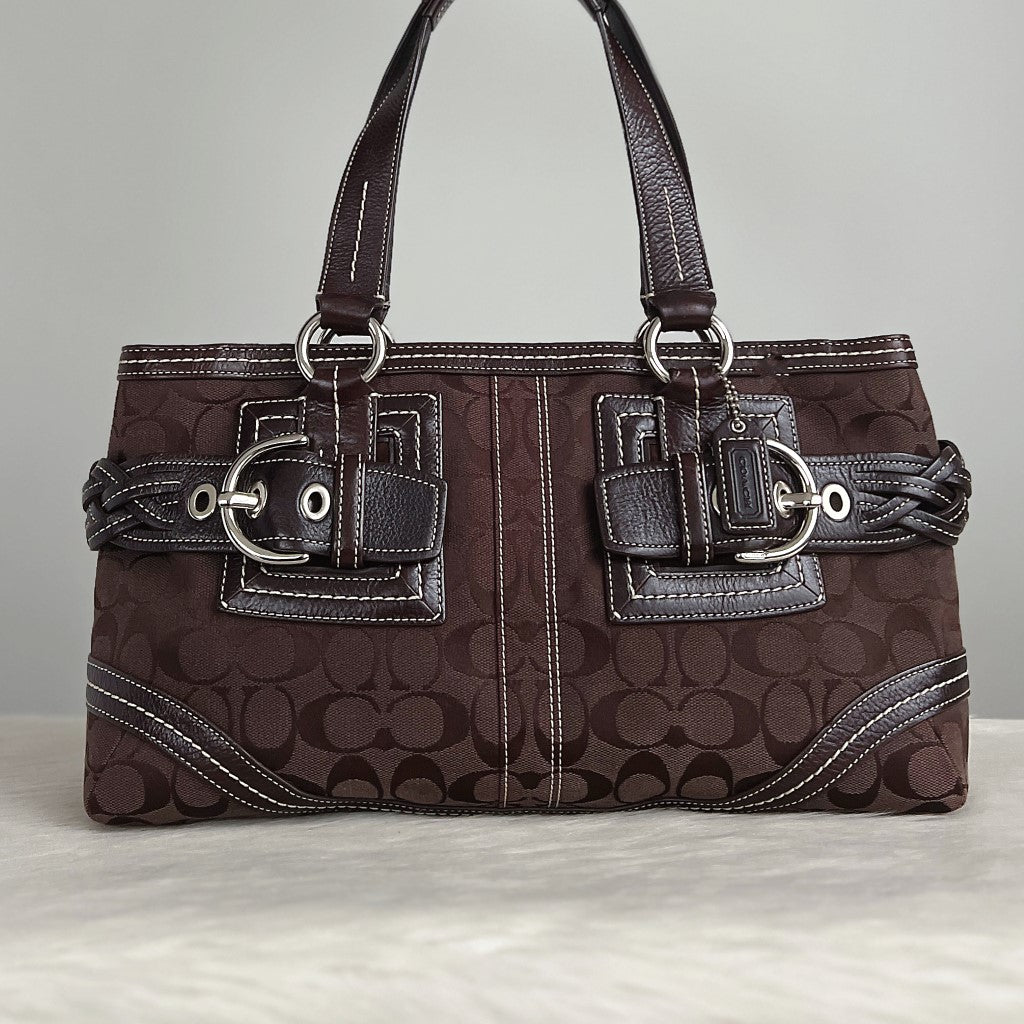 Coach Signature Monogram Double Buckle Career Shoulder Bag