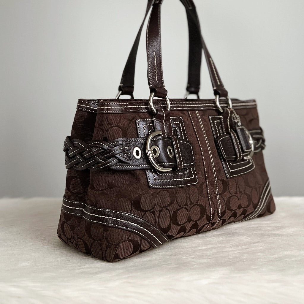 Coach Signature Monogram Double Buckle Career Shoulder Bag