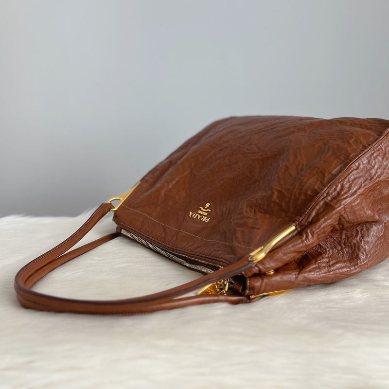 Prada Caramel Leather Large Triple Compartment Shoulder Bag