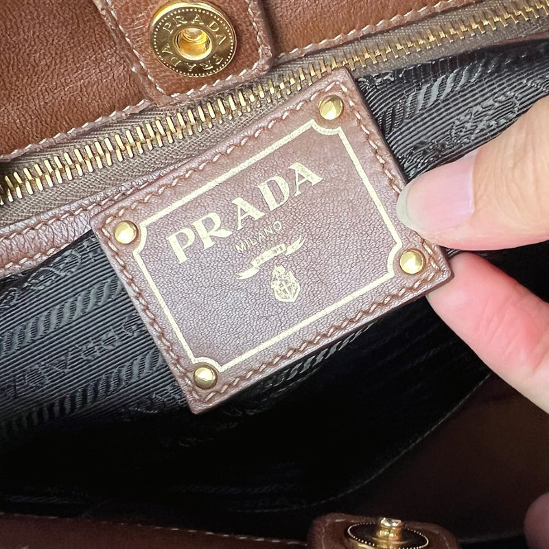 Prada Caramel Leather Large Triple Compartment Shoulder Bag