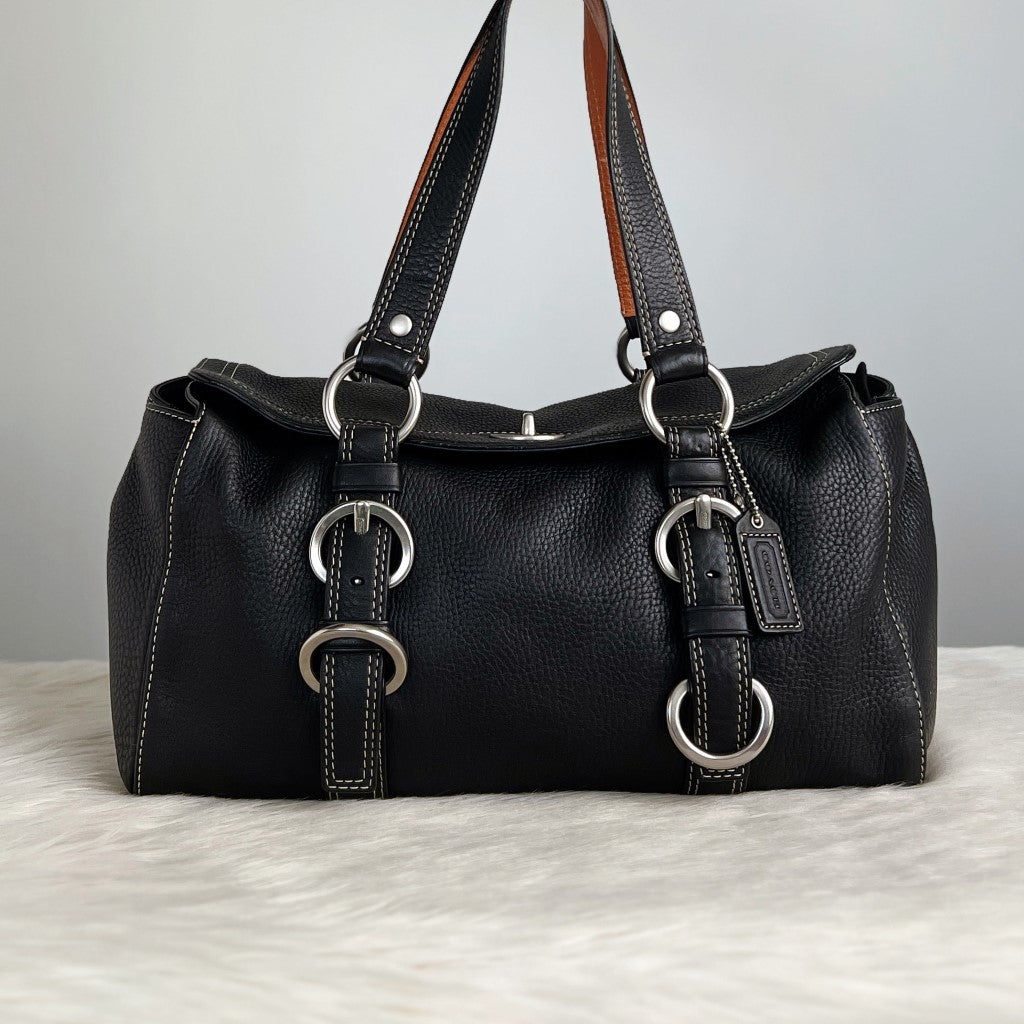 Coach Black Leather Turn Lock Ring Detail Shoulder Bag