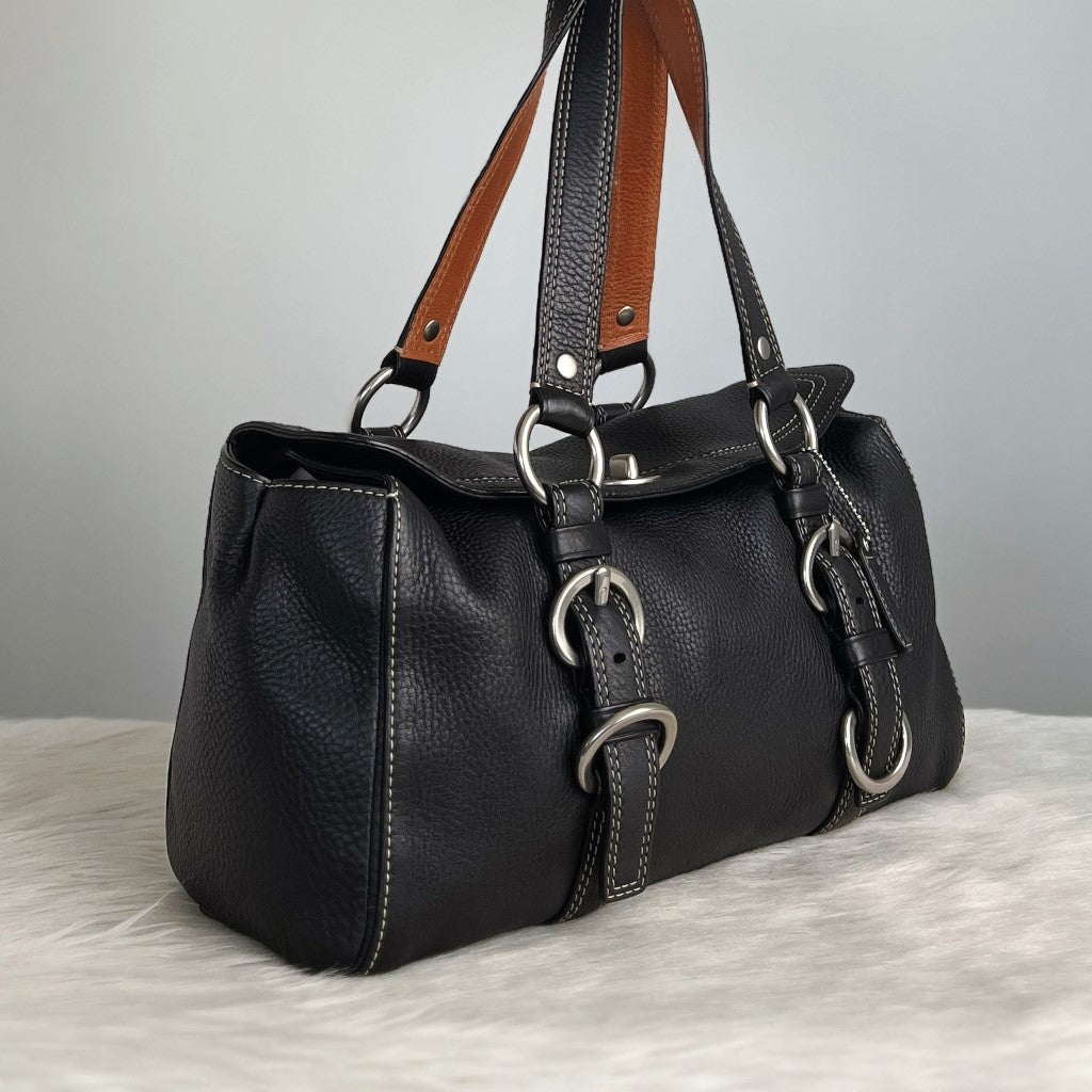 Coach Black Leather Turn Lock Ring Detail Shoulder Bag