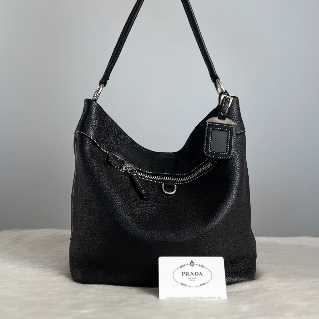 Prada Black Leather Slouchy Front Pocket Shoulder Bag