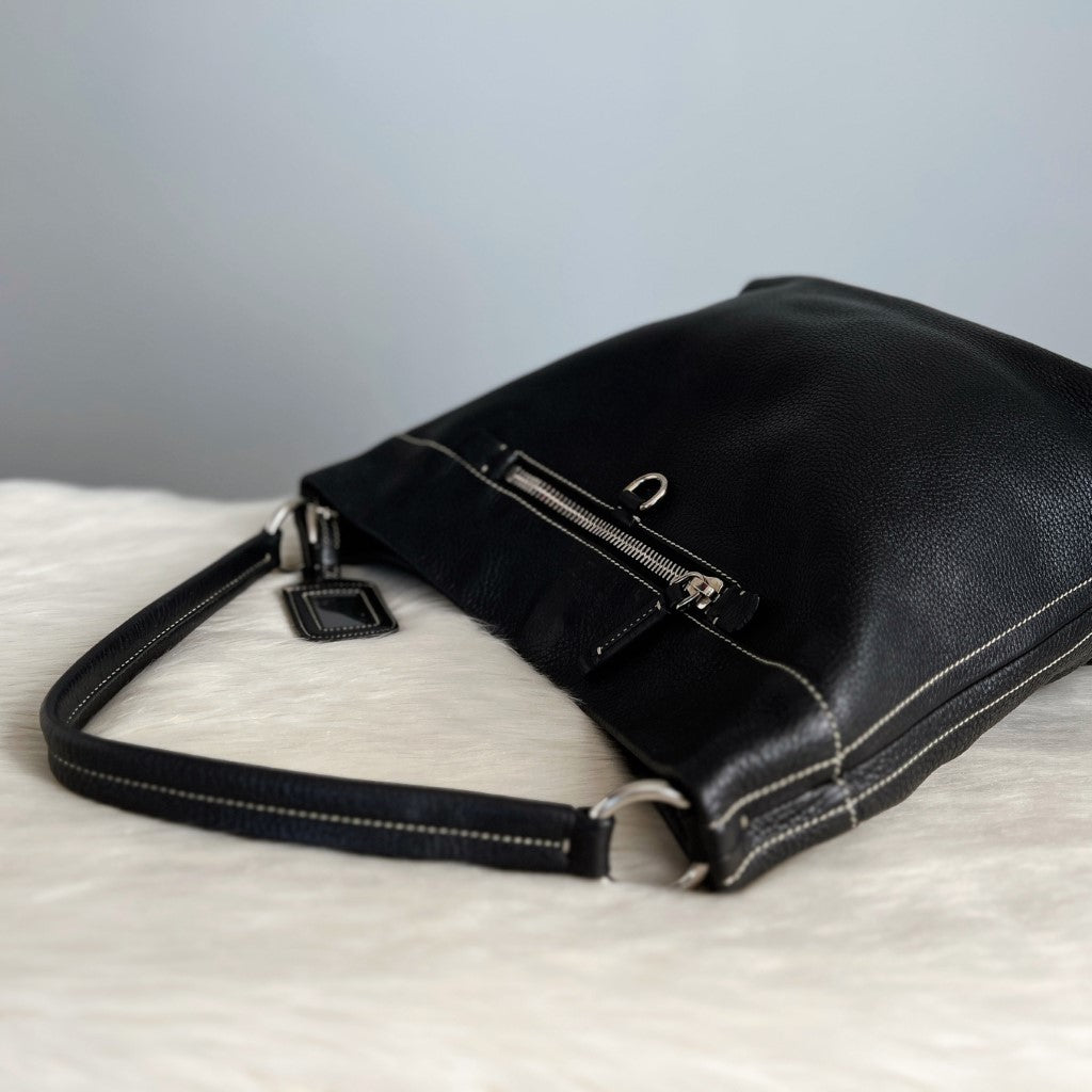 Prada Black Leather Slouchy Front Pocket Shoulder Bag