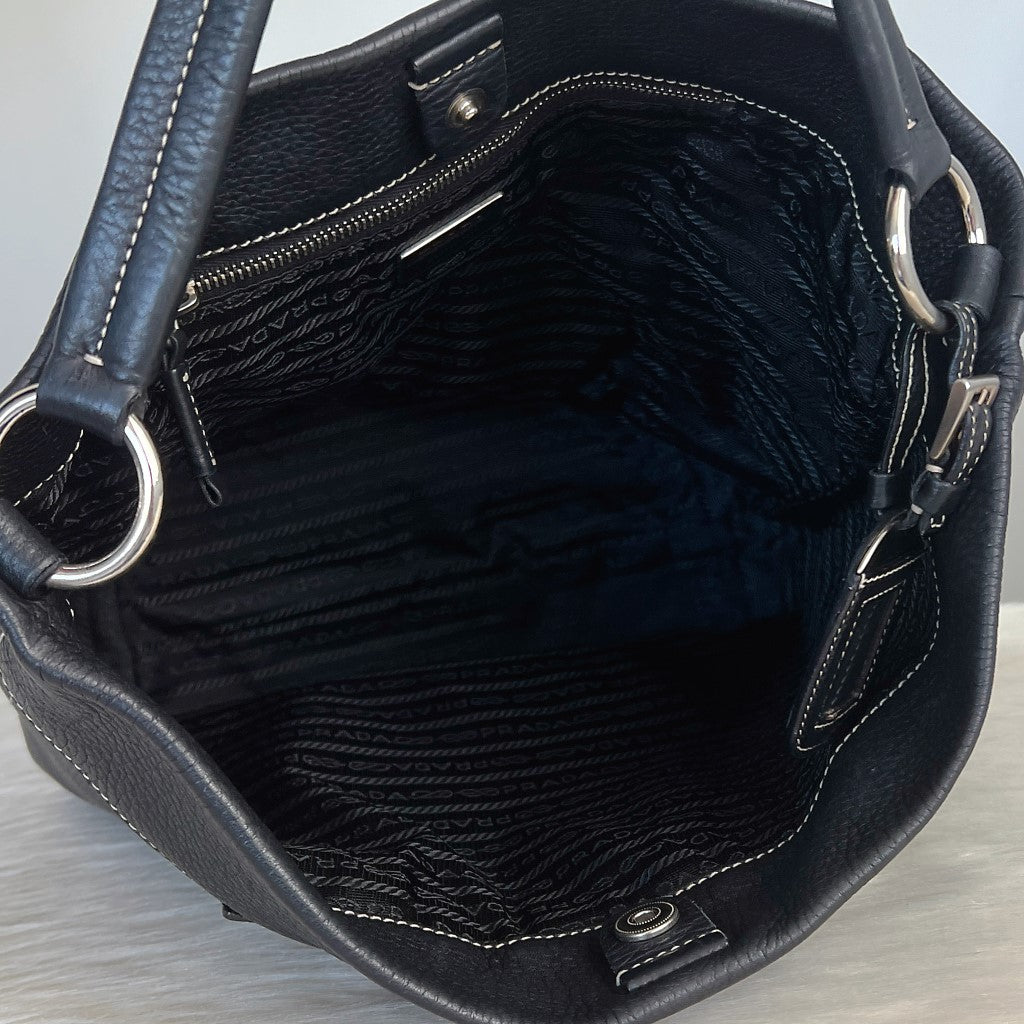 Prada Black Leather Slouchy Front Pocket Shoulder Bag