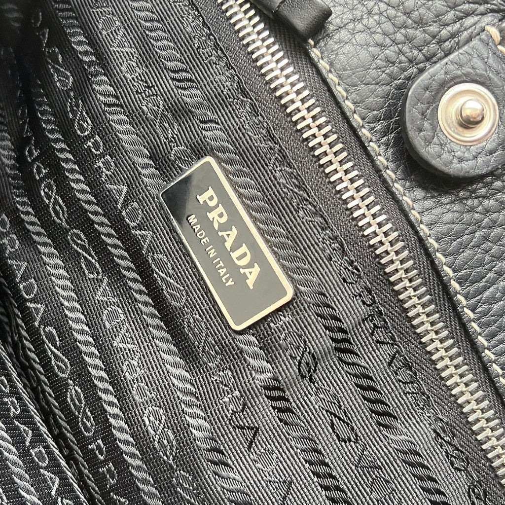 Prada Black Leather Slouchy Front Pocket Shoulder Bag